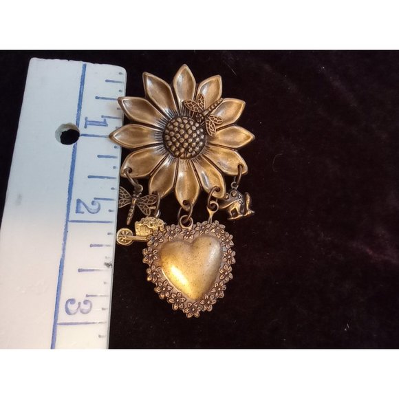 Antiqued Bronze tone Sunflower Gardener Dangles Brooch Pin - Picture 7 of 9
